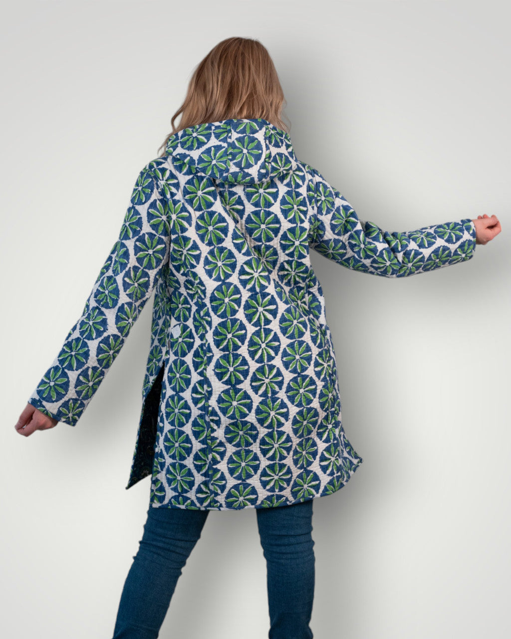 Luxury quilted reversible jacket with hood - Royal Azure flora's & Mandala