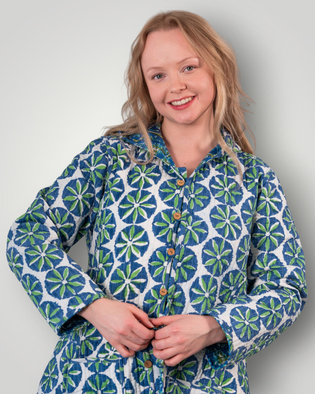 Luxury quilted reversible jacket with hood - Royal Azure flora's & Mandala