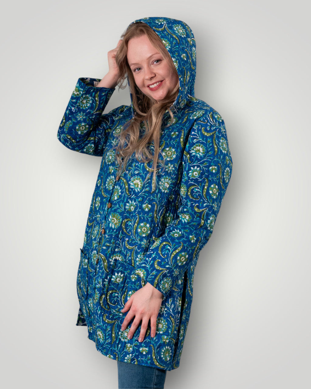 Luxury quilted reversible jacket with hood - Royal Azure flora's & Mandala