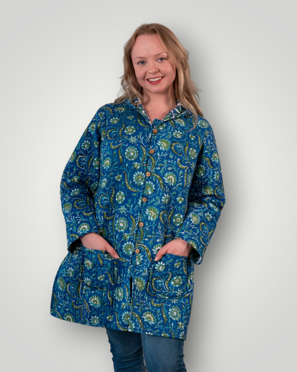 Luxury quilted reversible jacket with hood - Royal Azure flora's & Mandala