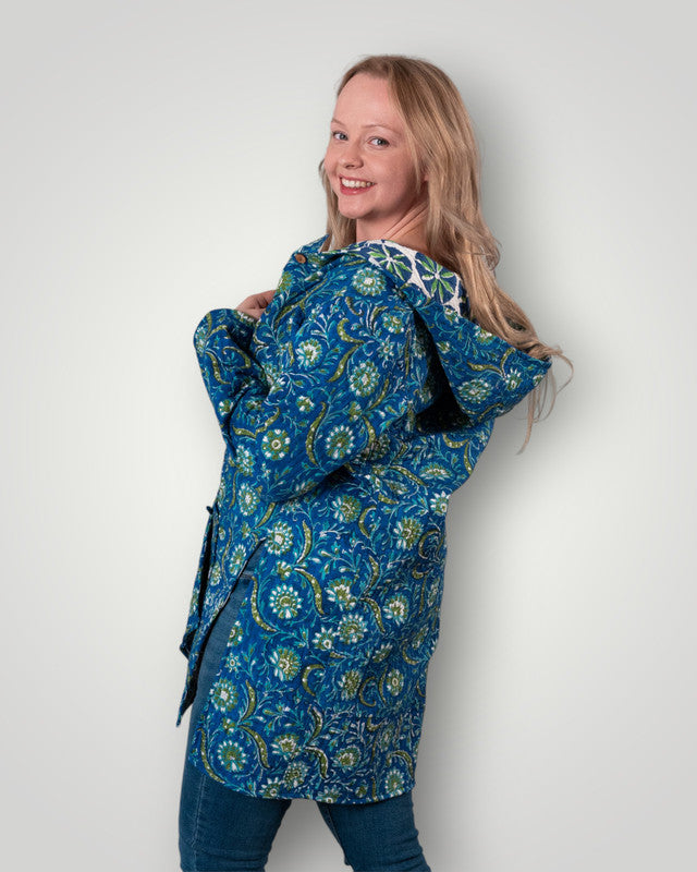 Luxury quilted reversible jacket with hood - Royal Azure flora's & Mandala