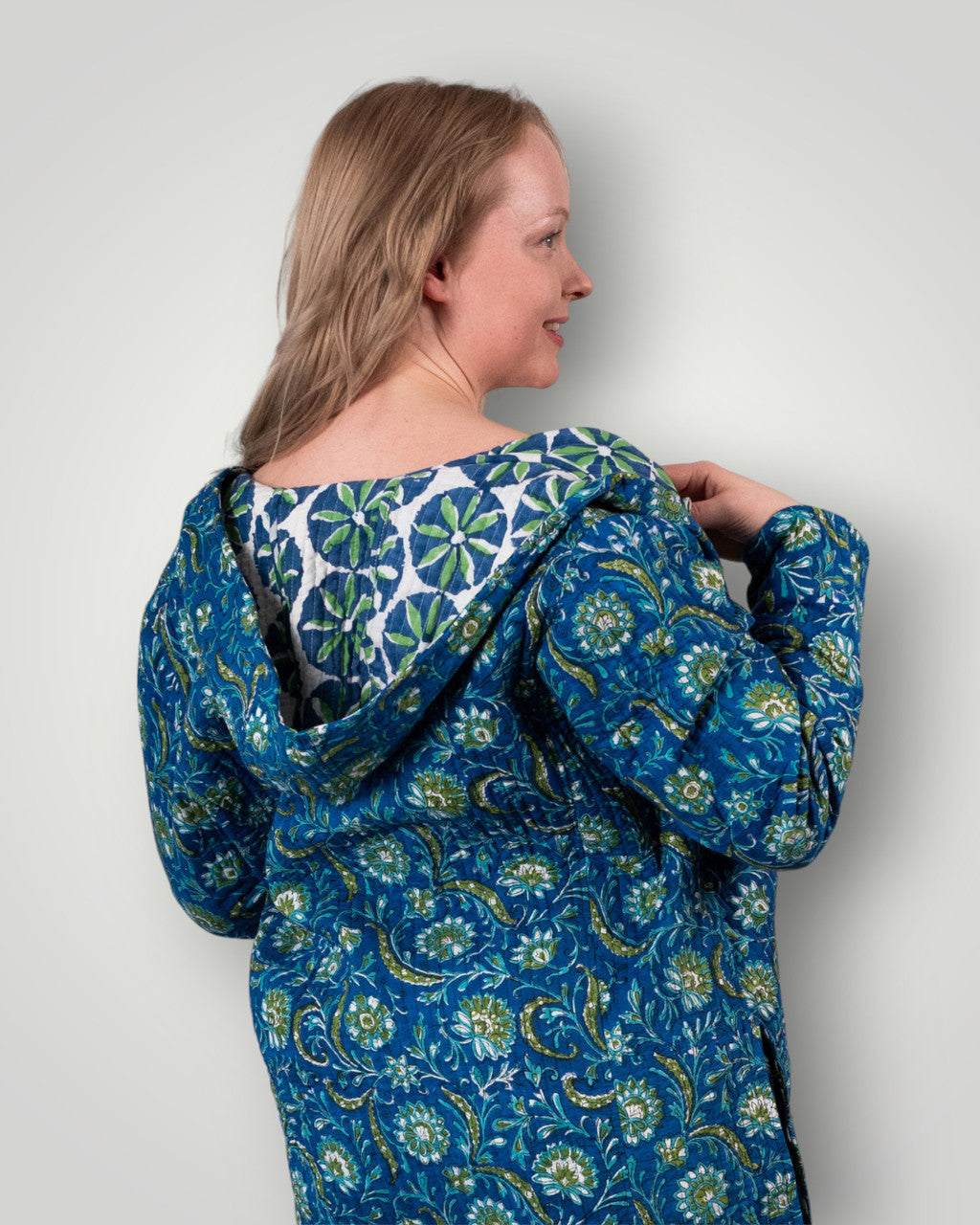 Luxury quilted reversible jacket with hood - Royal Azure flora's & Mandala