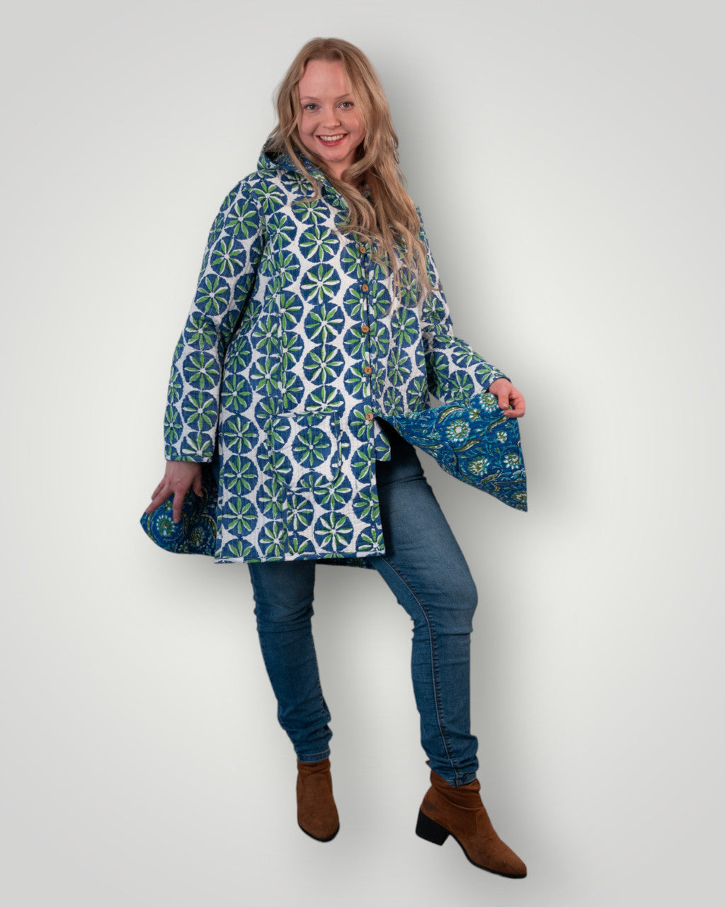 Luxury quilted reversible jacket with hood - Royal Azure flora's & Mandala