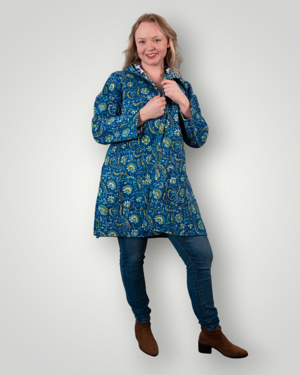 Luxury quilted reversible jacket with hood - Royal Azure flora's & Mandala