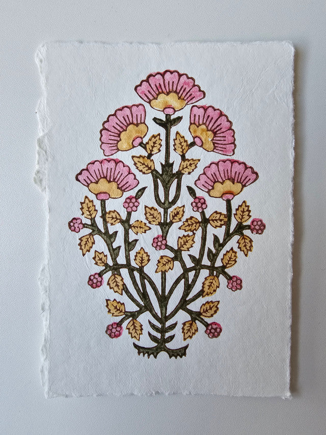 Deckled edge vintage notecard -  Mughal motif pink