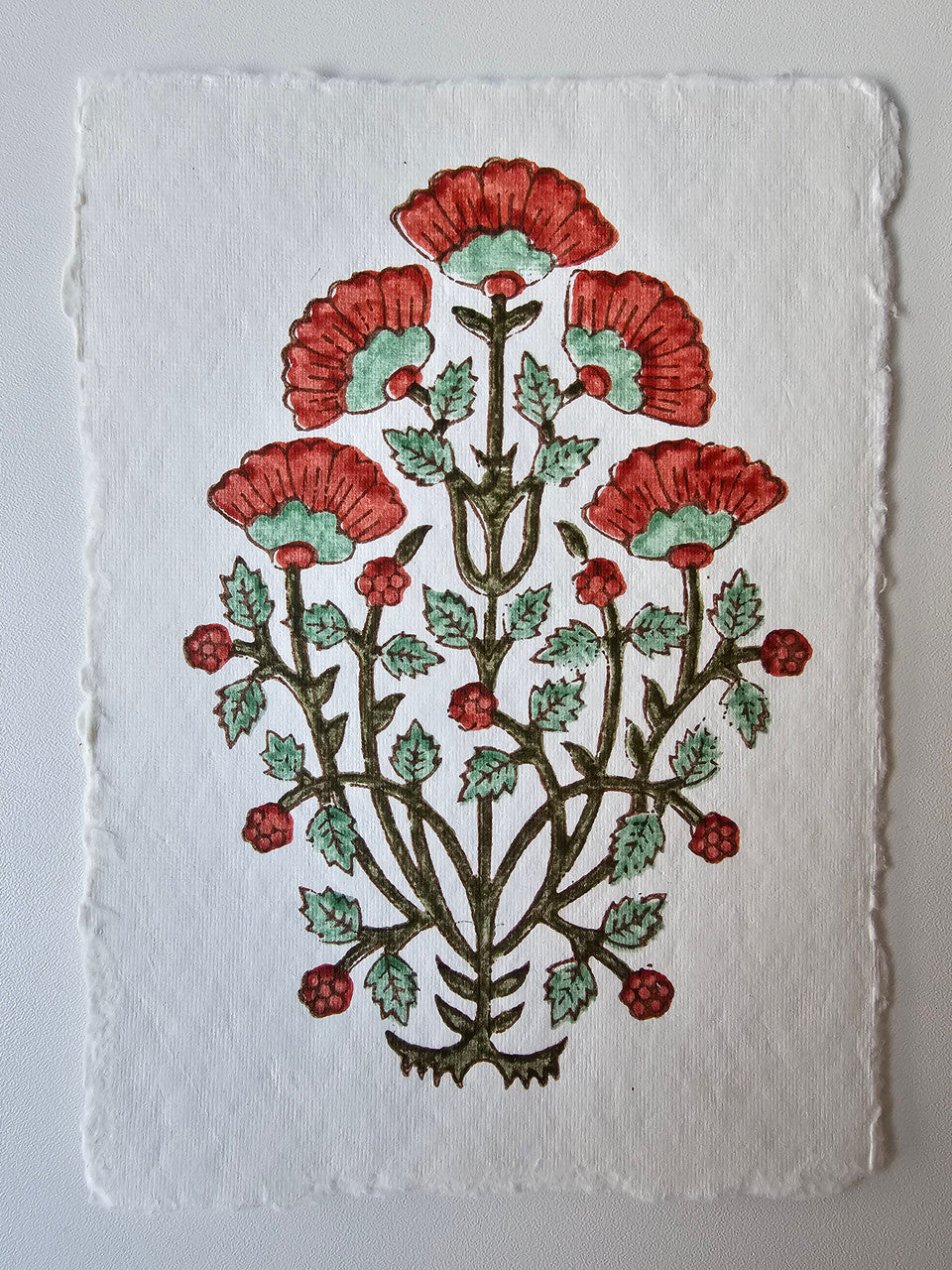 Deckled edge vintage notecard -  Mughal motif red