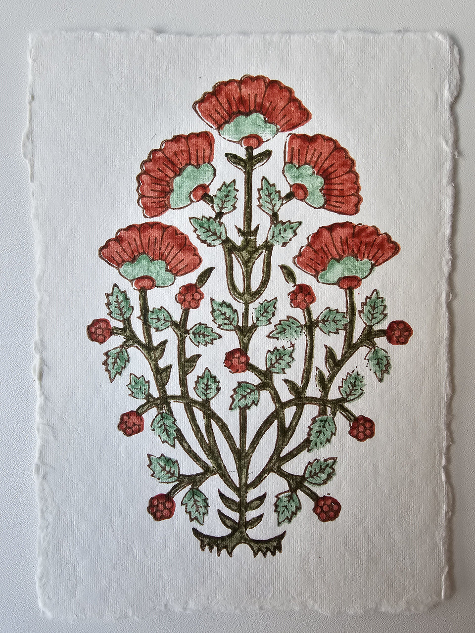 Deckled edge vintage notecard -  Mughal motif red