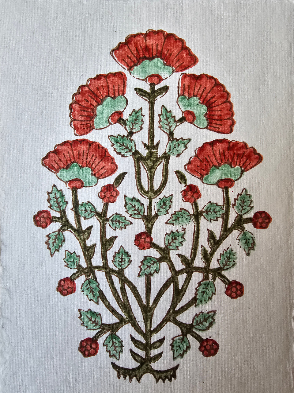 Deckled edge vintage notecard -  Mughal motif red