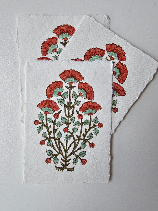 Deckled edge vintage notecard -  Mughal motif red