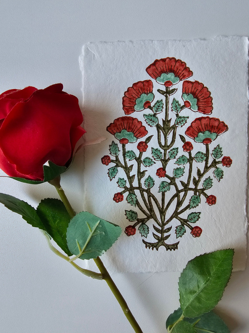 Deckled edge vintage notecard -  Mughal motif red