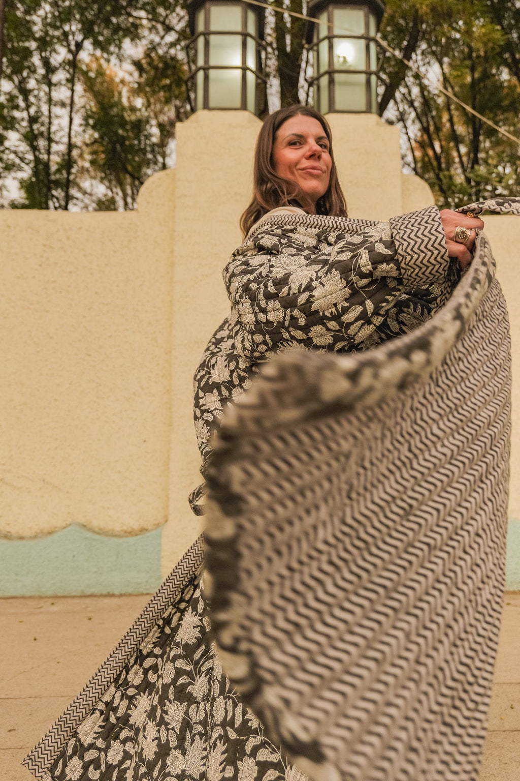 Reversible Quilted Robe – Black Floral & Zigzag