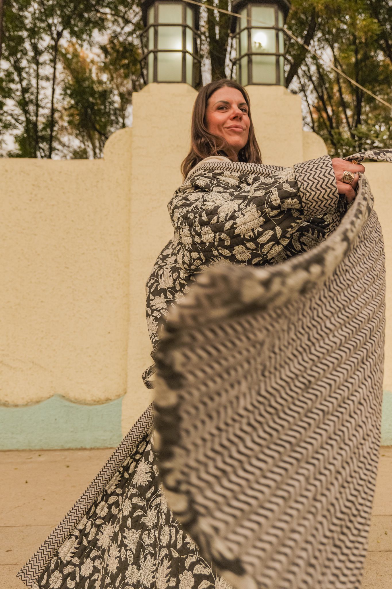 Reversible Quilted Robe – Black Floral & Zigzag