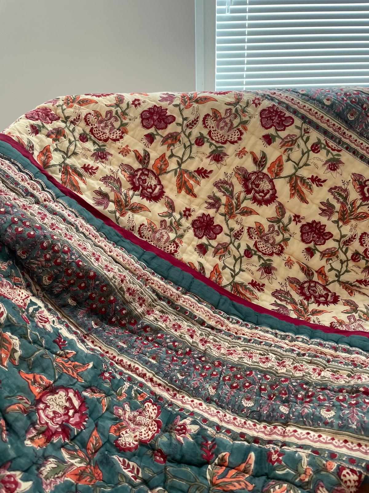 Floral Teal & Ivory Bloom - Reversible Quilt_Single