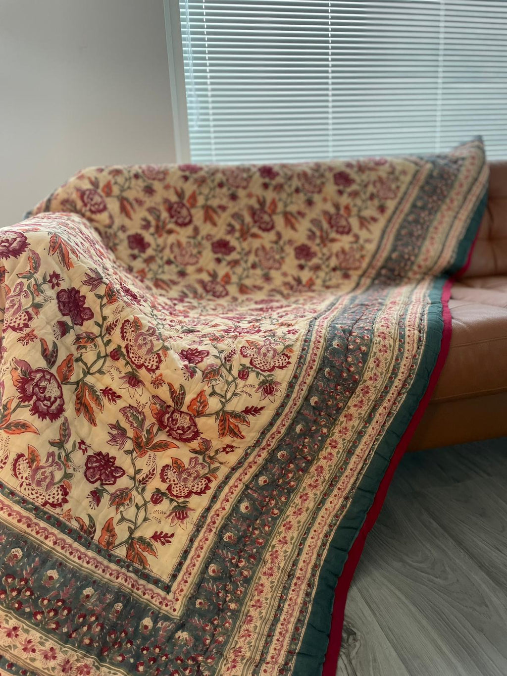 Floral Teal & Ivory Bloom - Reversible Quilt_Single