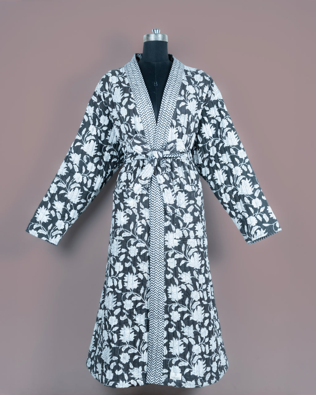 Reversible Soft Robe Reversible Quilted Robe – Black Floral & Zigzag – Cotton Castle