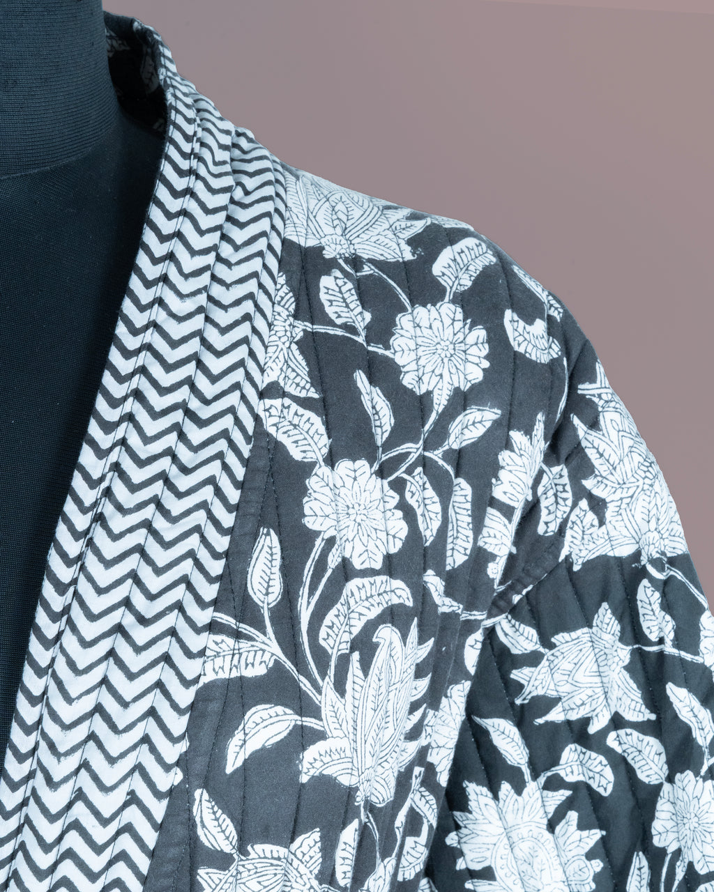 Reversible Quilted Robe – Black Floral & Zigzag