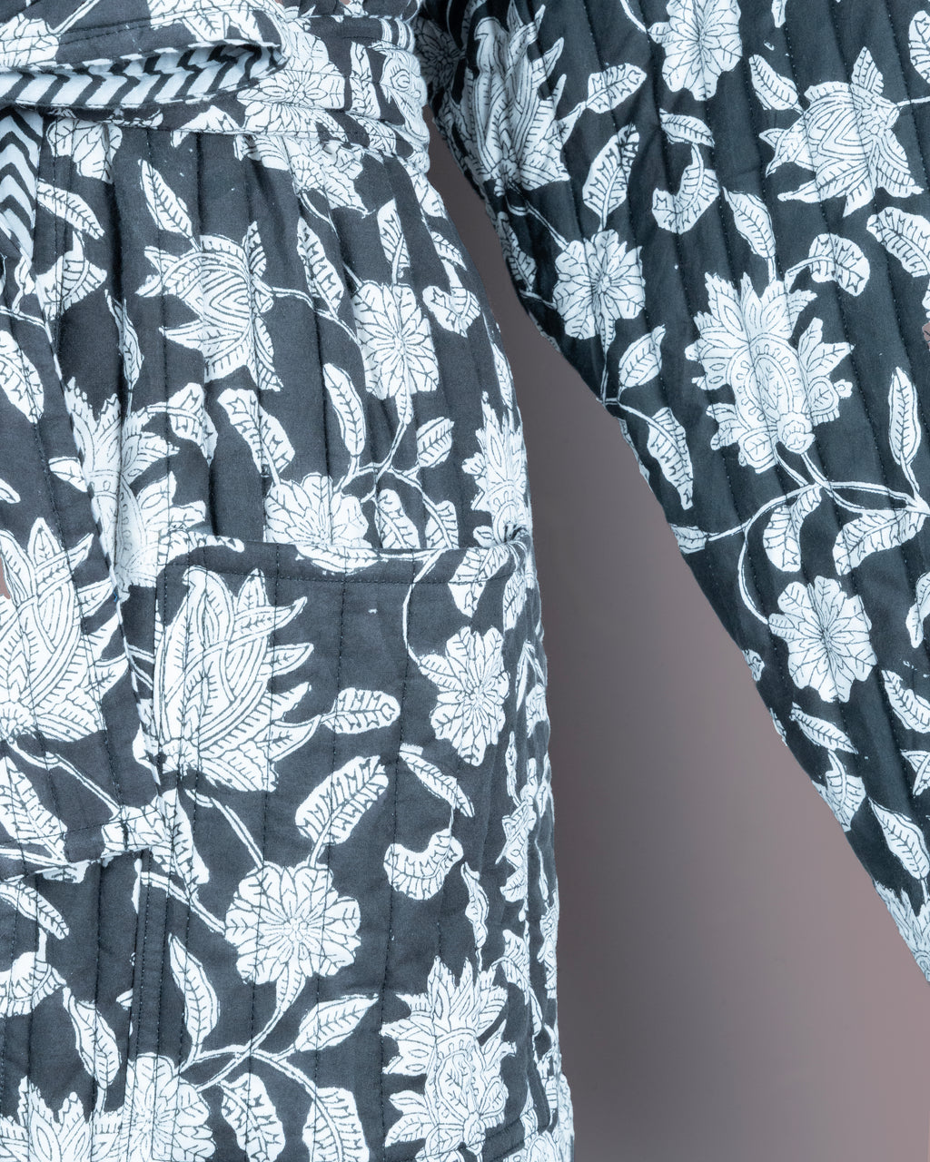 Reversible Quilted Robe – Black Floral & Zigzag