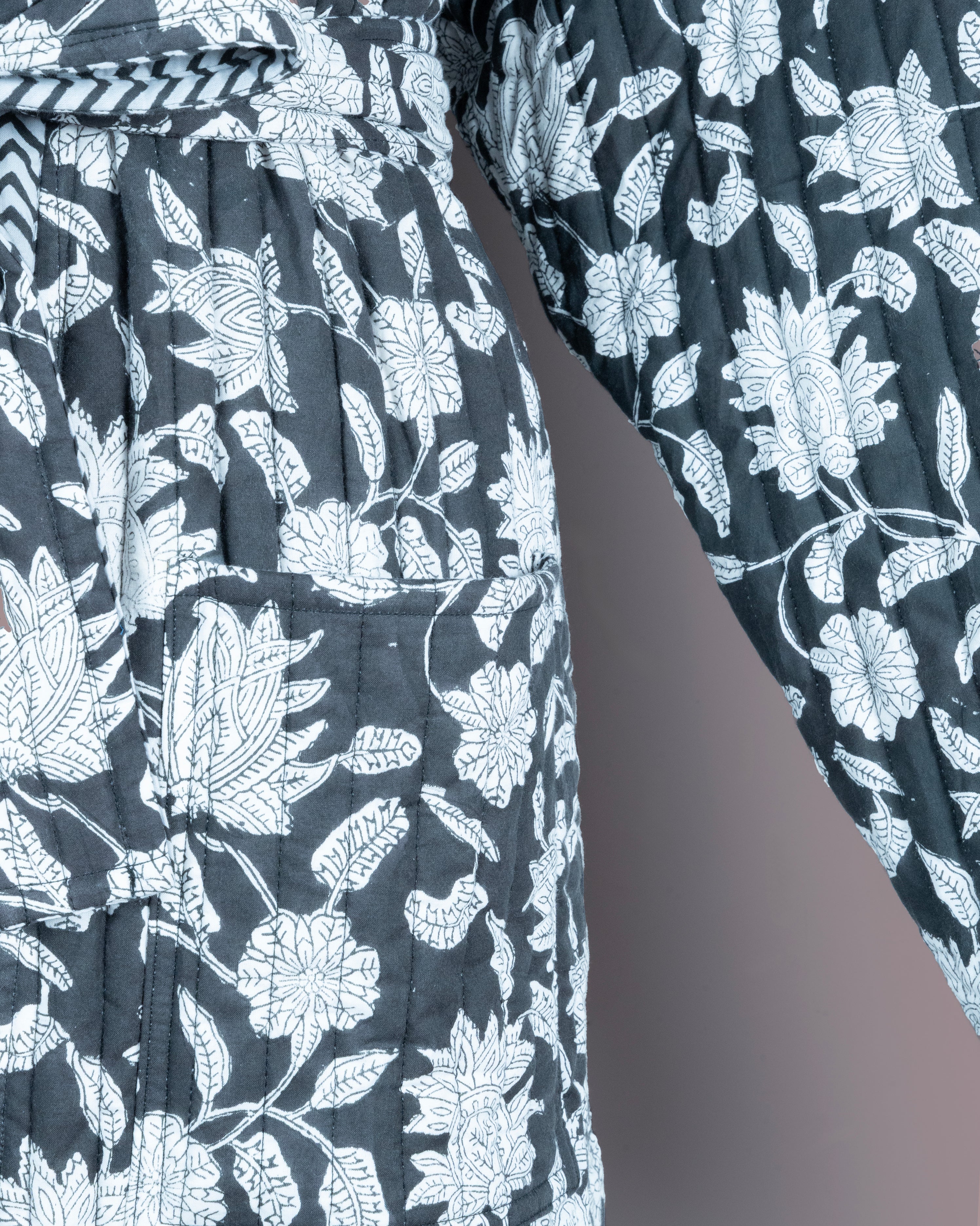 Reversible Quilted Robe – Black Floral & Zigzag