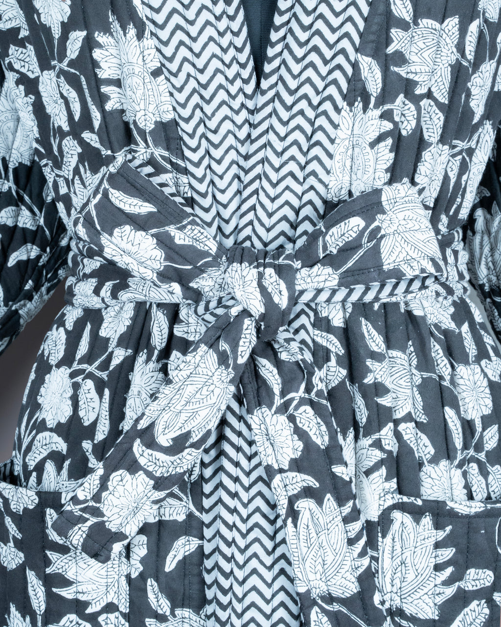 Reversible Quilted Robe – Black Floral & Zigzag