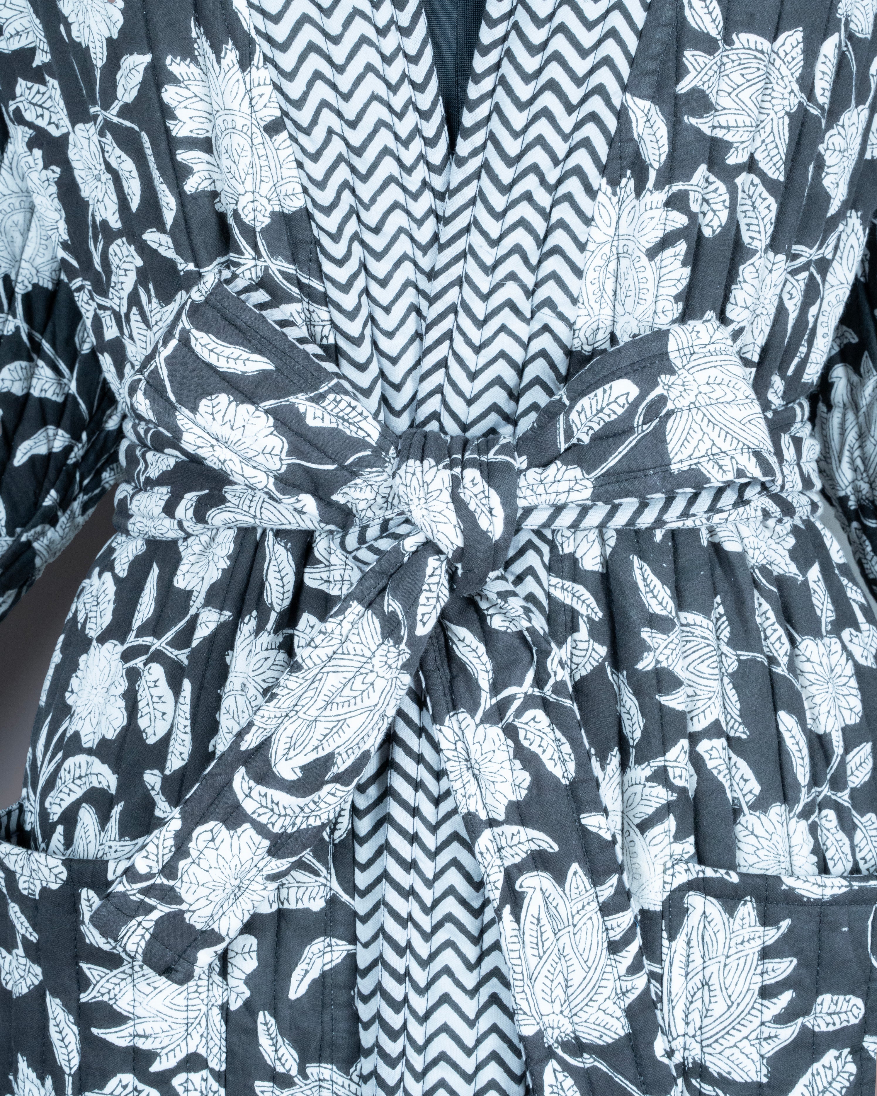 Reversible Quilted Robe – Black Floral & Zigzag