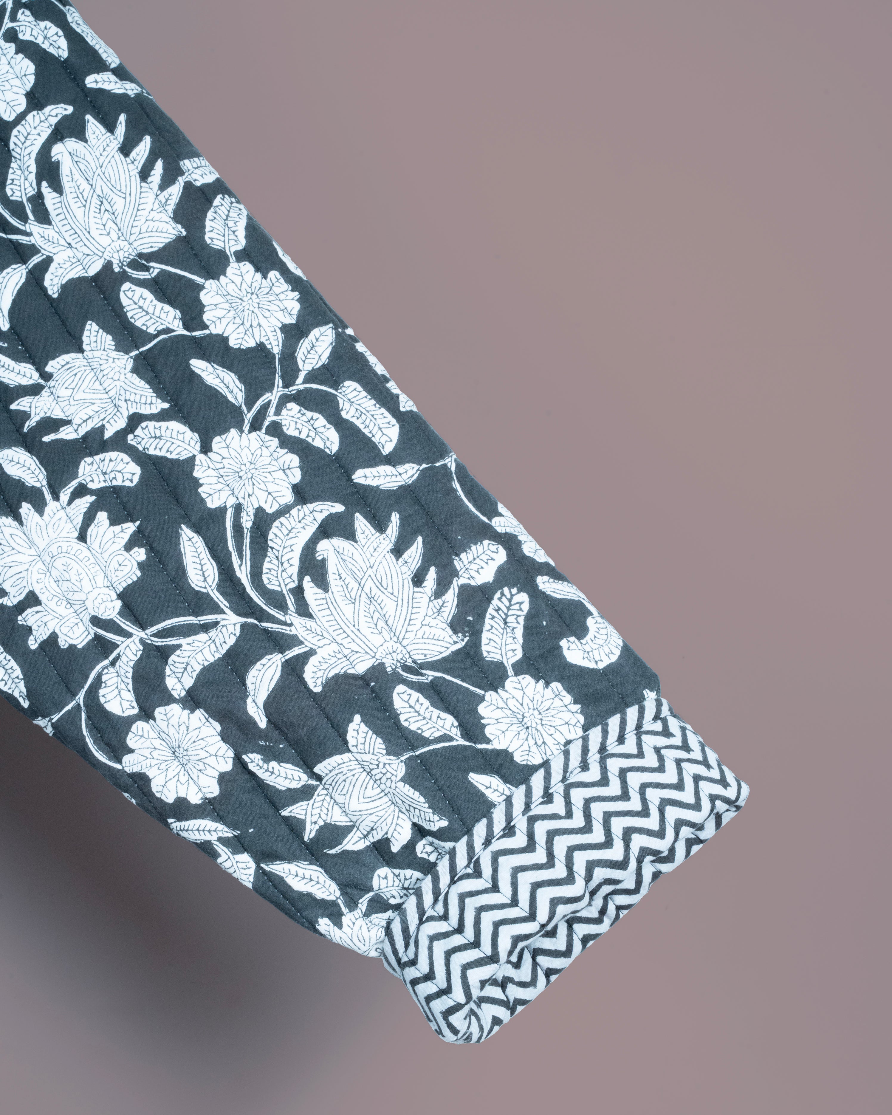 Reversible Quilted Robe – Black Floral & Zigzag