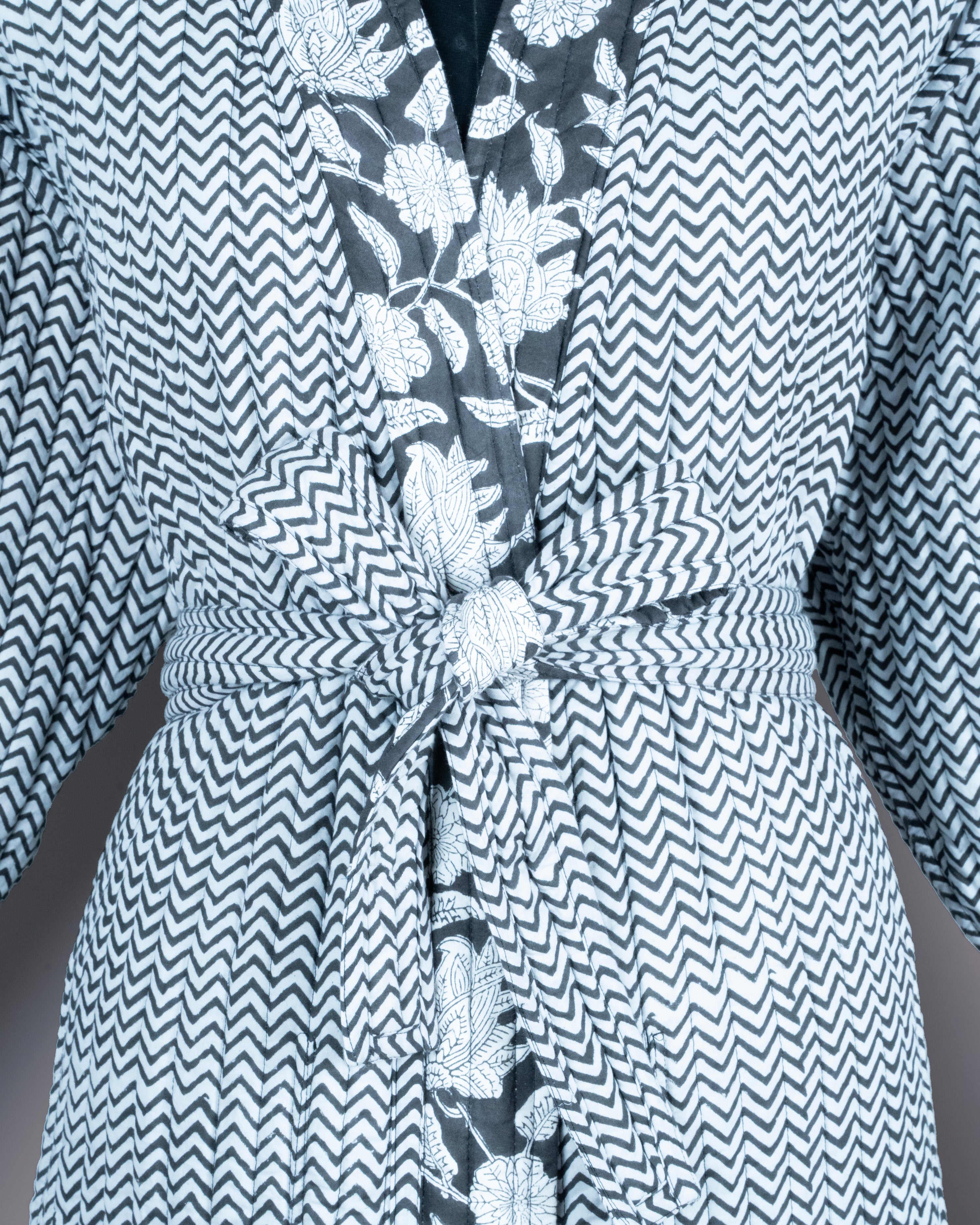 Reversible Quilted Robe – Black Floral & Zigzag