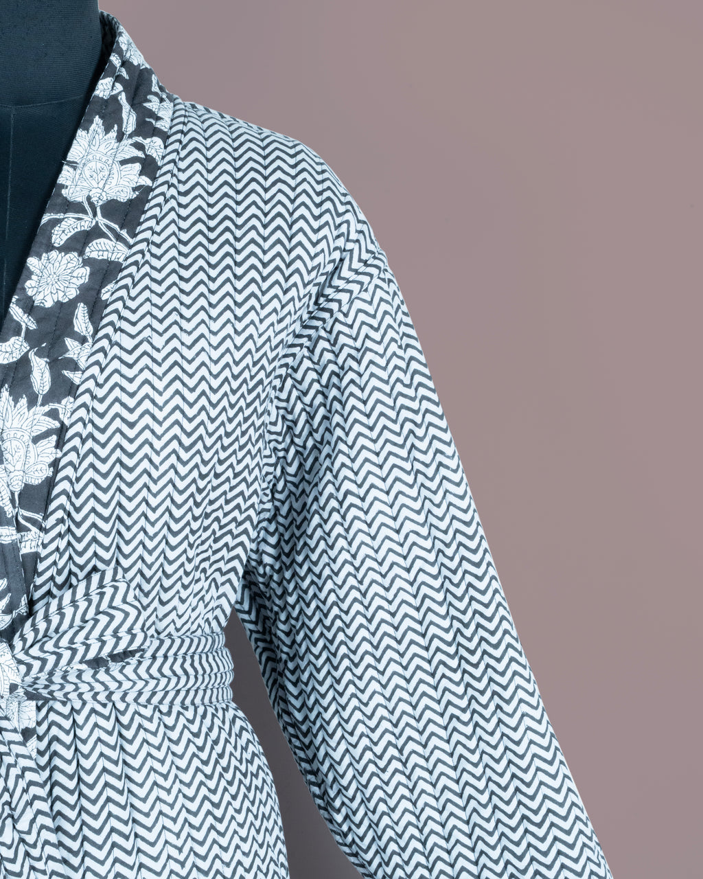 Reversible Quilted Robe – Black Floral & Zigzag