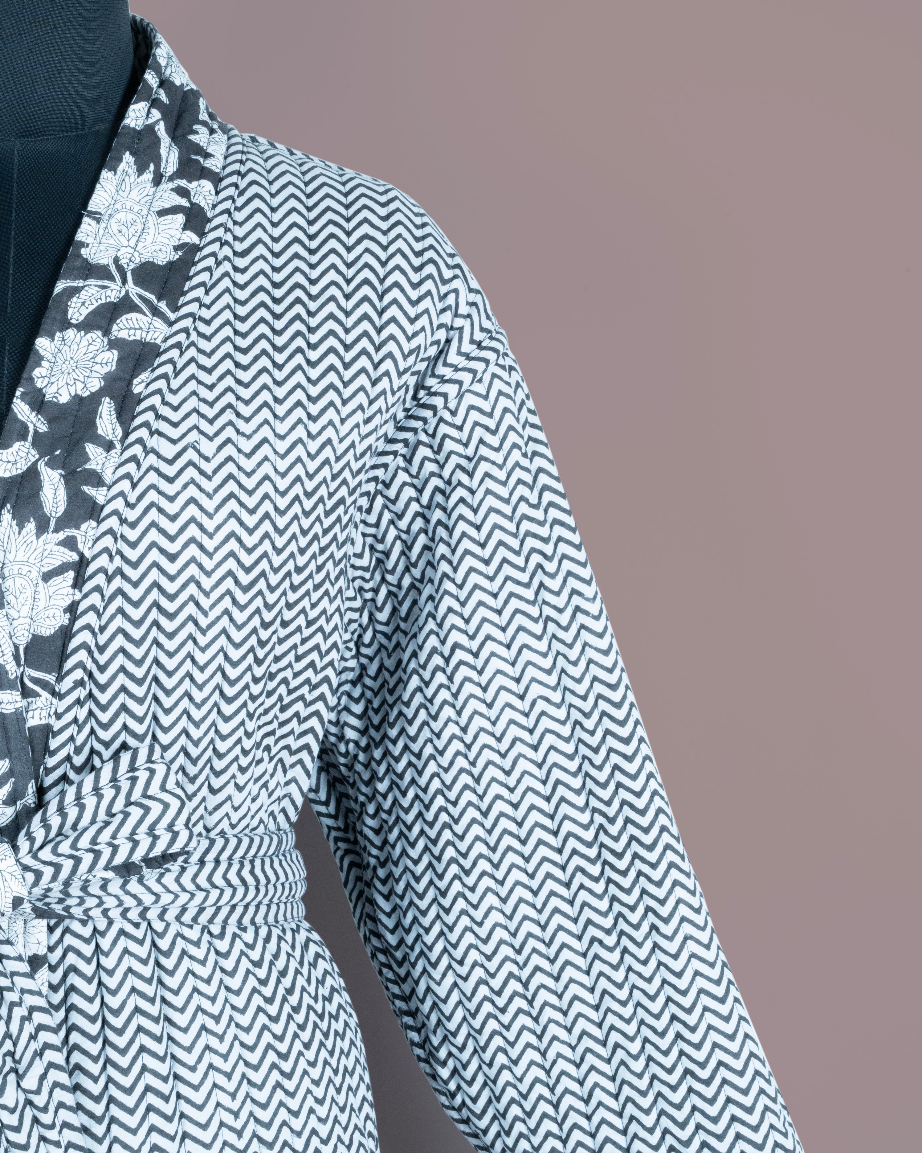 Reversible Quilted Robe – Black Floral & Zigzag