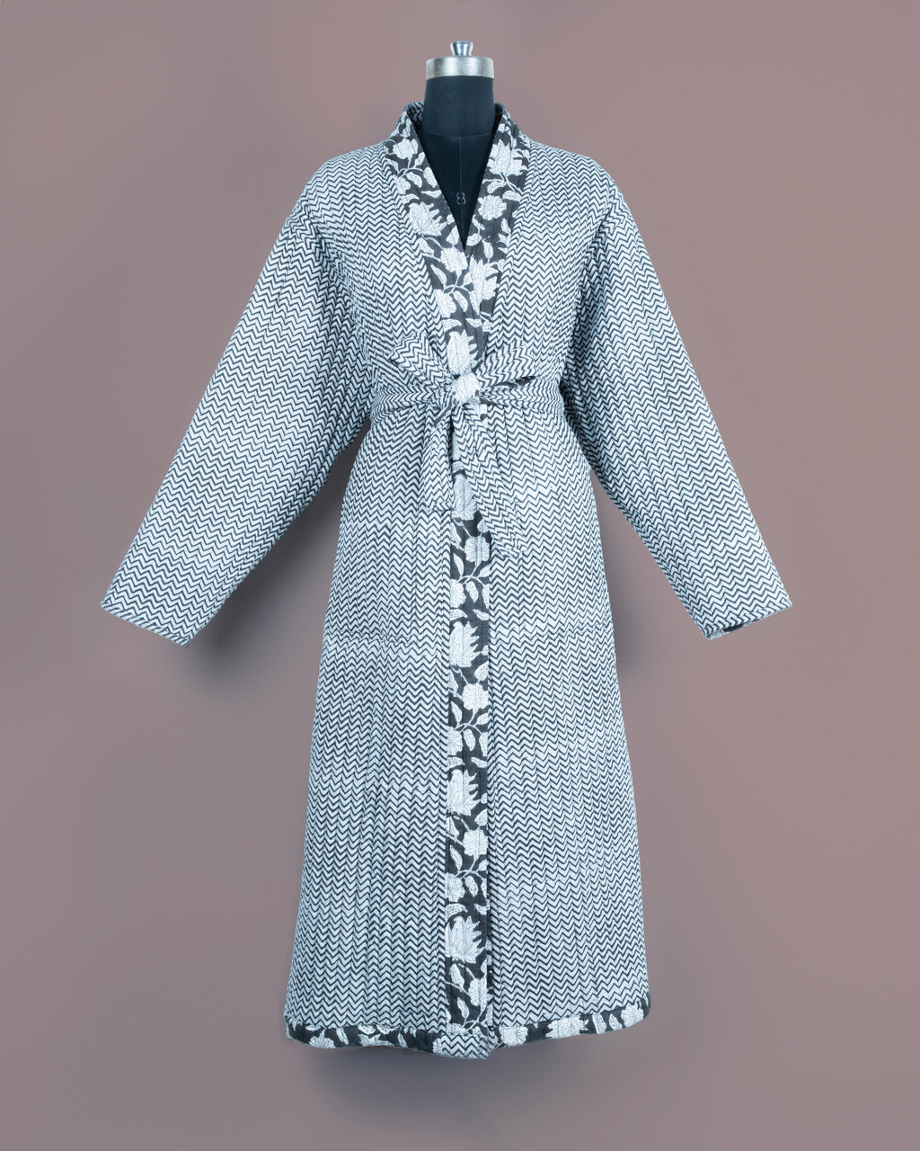 Reversible Quilted Robe – Black Floral & Zigzag