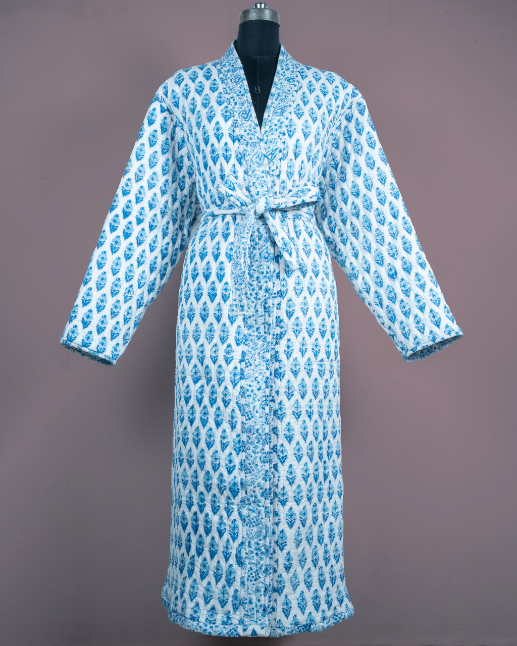 Blue Patterned Robe Reversible Quilted Robe – Snow Blue Bud – Cotton Castle