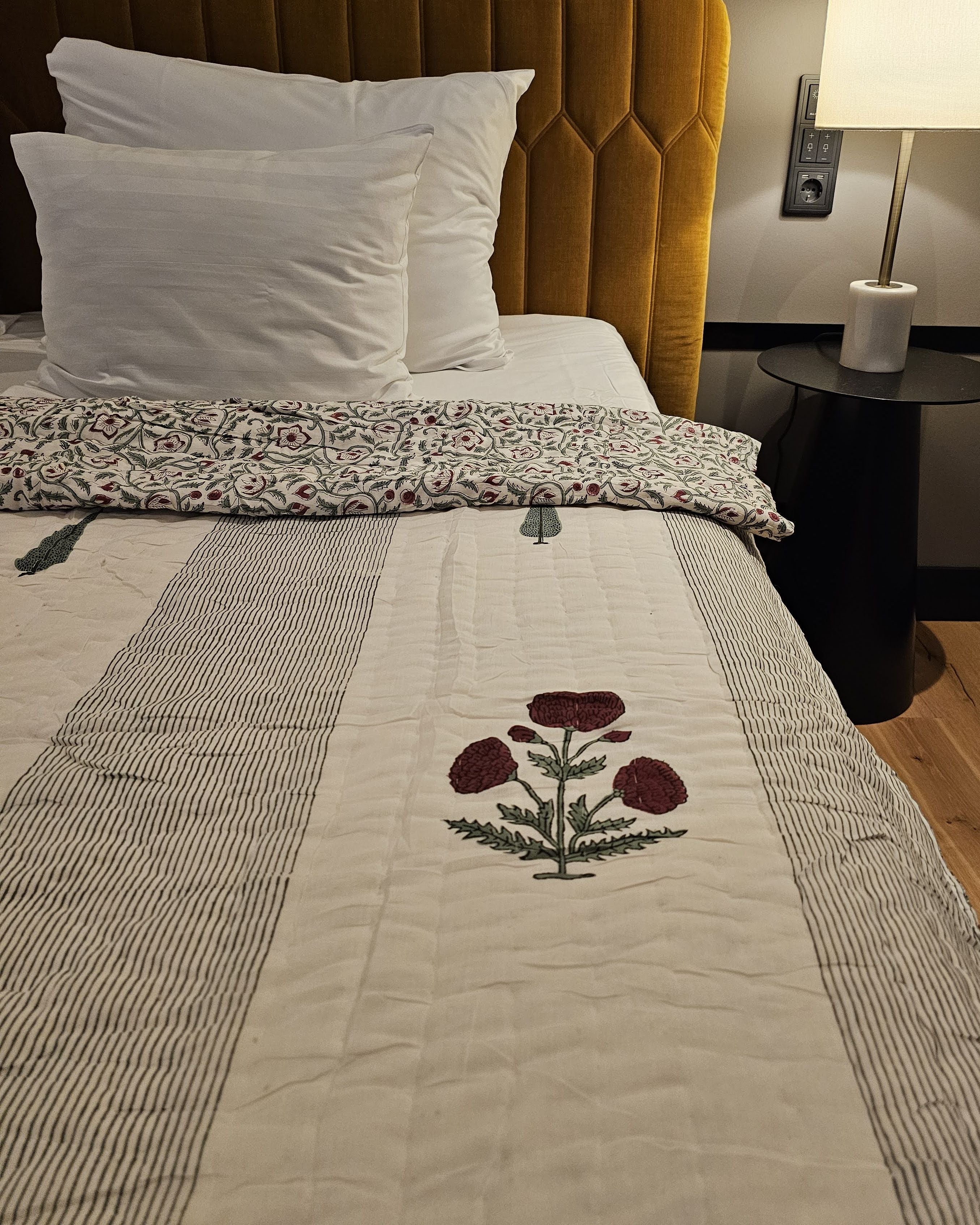 Reversible Handblock Quilt – Scarlet Bloom & Leafy Trails