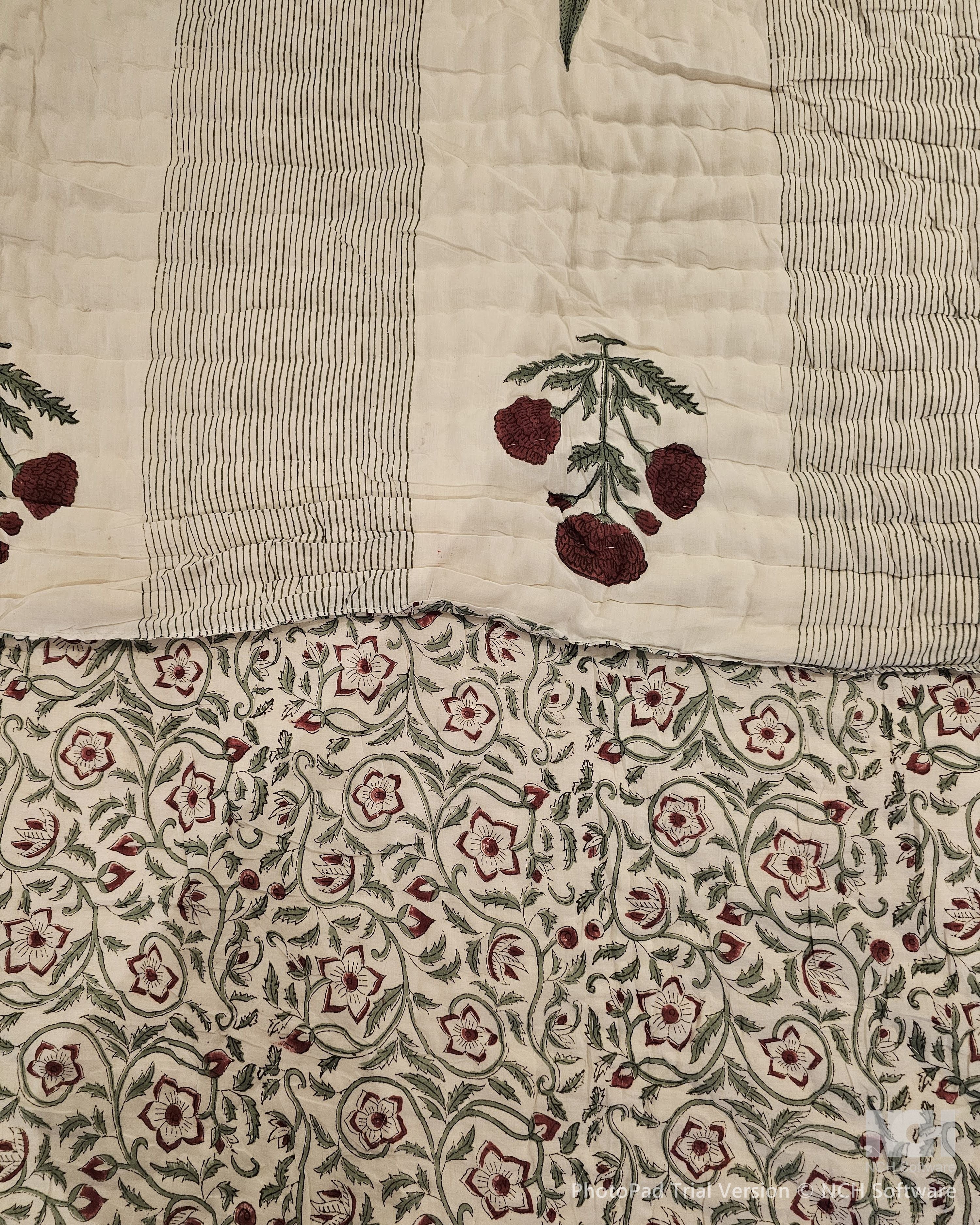 Reversible Handblock Quilt – Scarlet Bloom & Leafy Trails