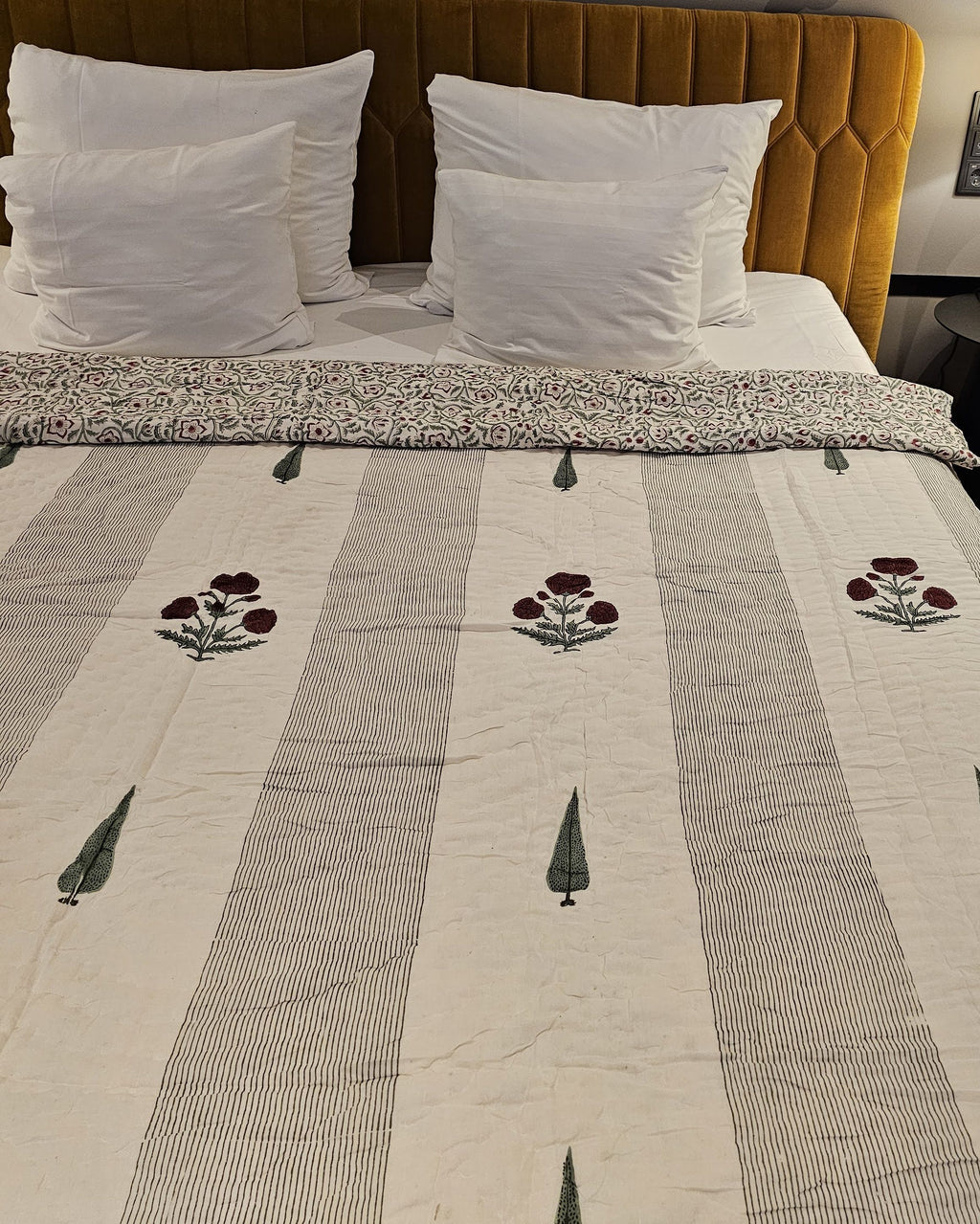 Reversible Handblock Quilt – Scarlet Bloom & Leafy Trails