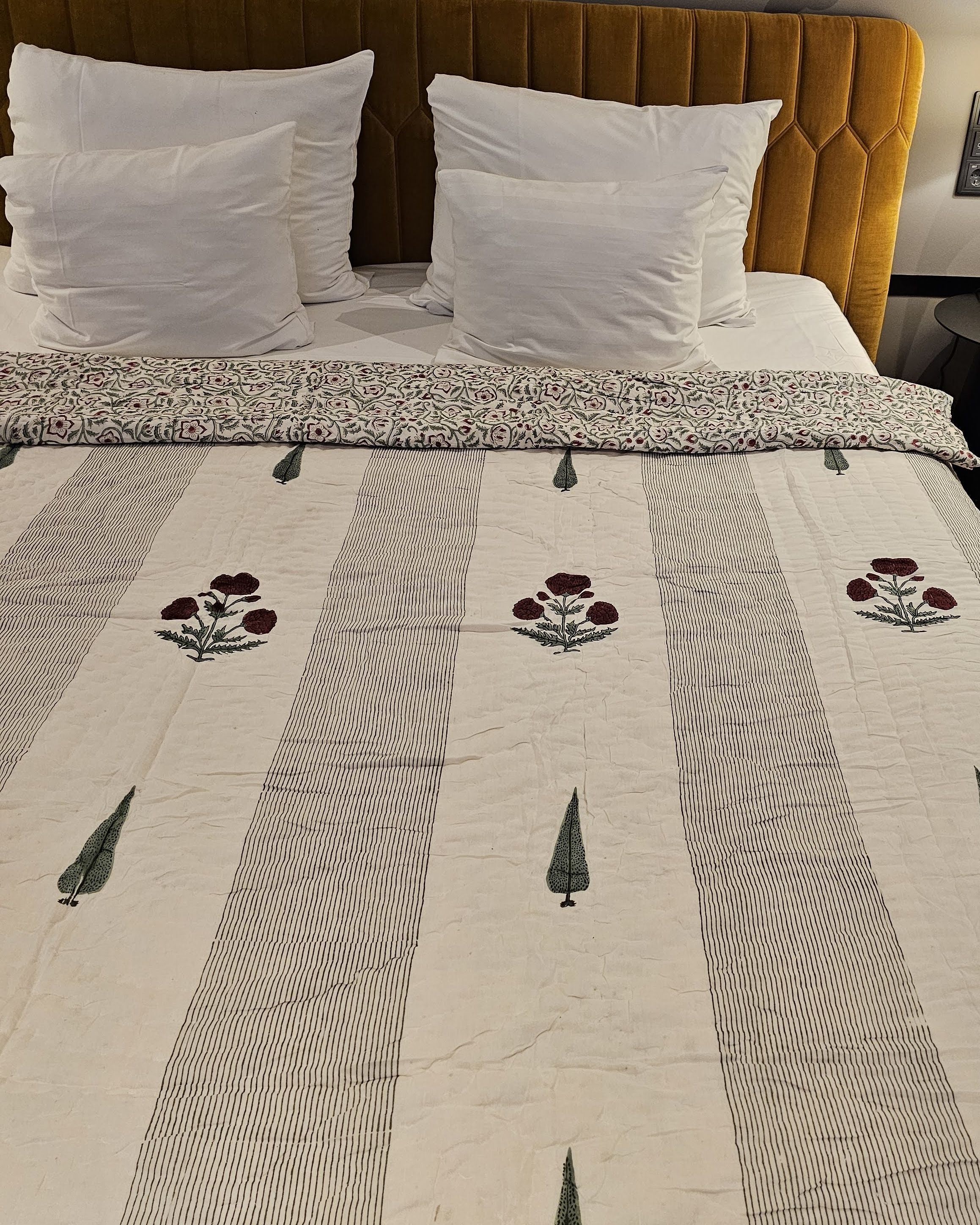 Reversible Handblock Quilt – Scarlet Bloom & Leafy Trails