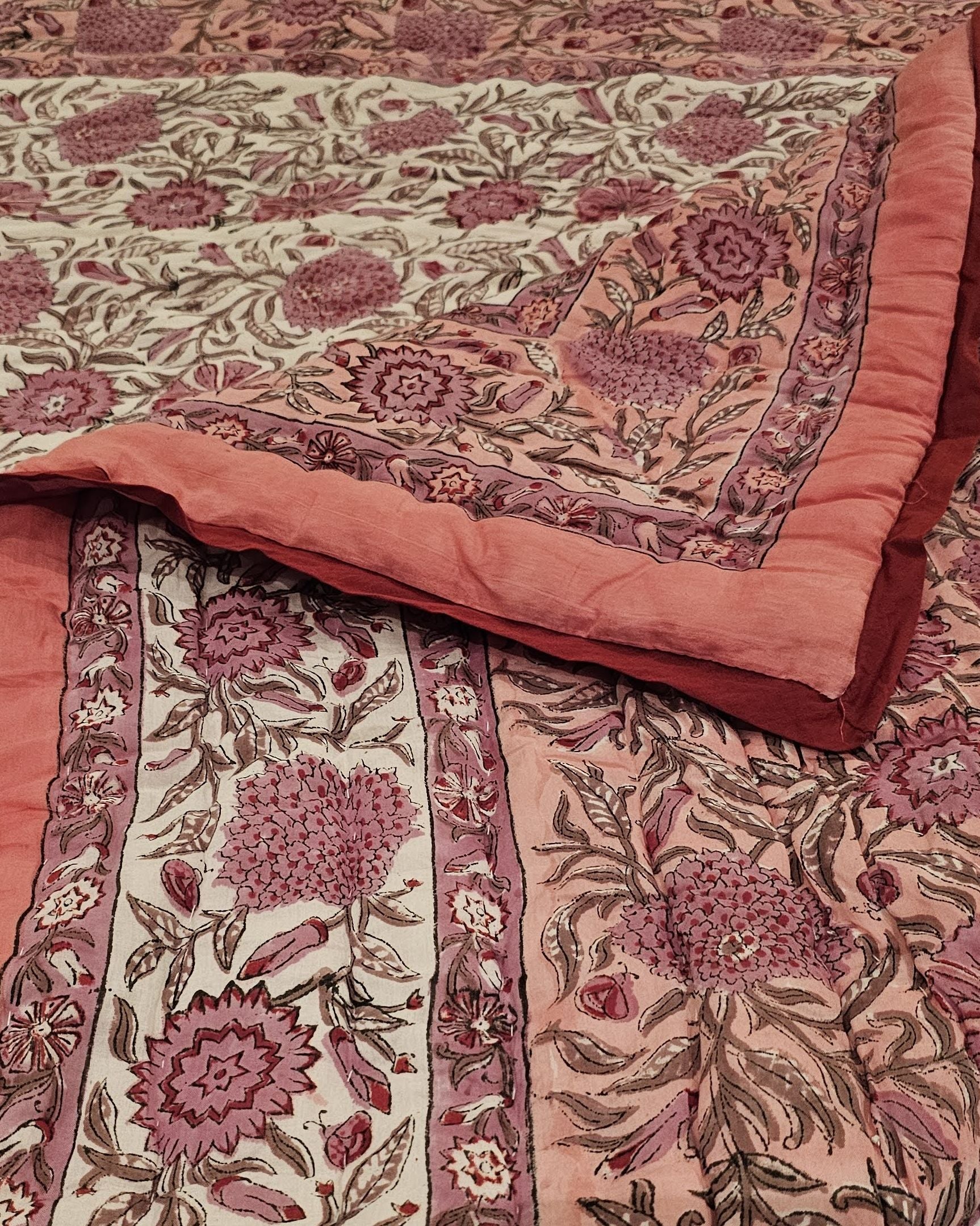 Reversible Handblock Quilt – Rosy Meadow & Soft Spring