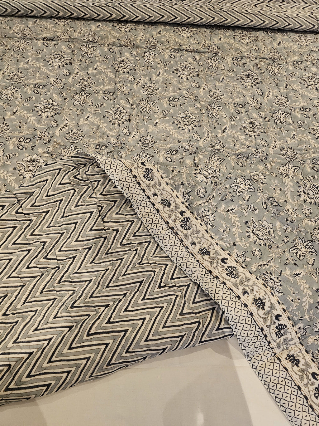 Reversible Handblock Quilt – Misty Bloom &amp; Indigo Chevro