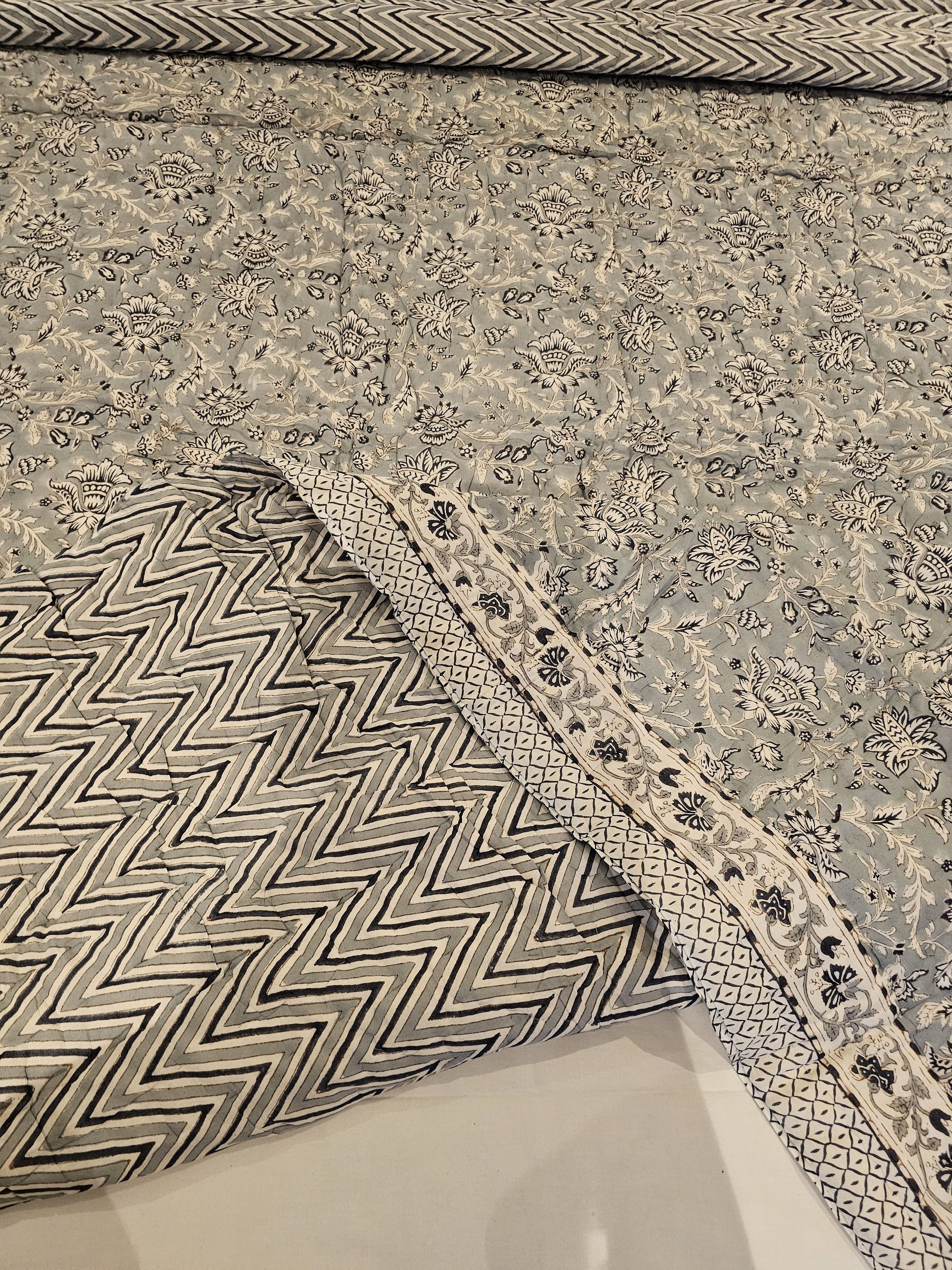 Reversible Handblock Quilt – Misty Bloom &amp; Indigo Chevro