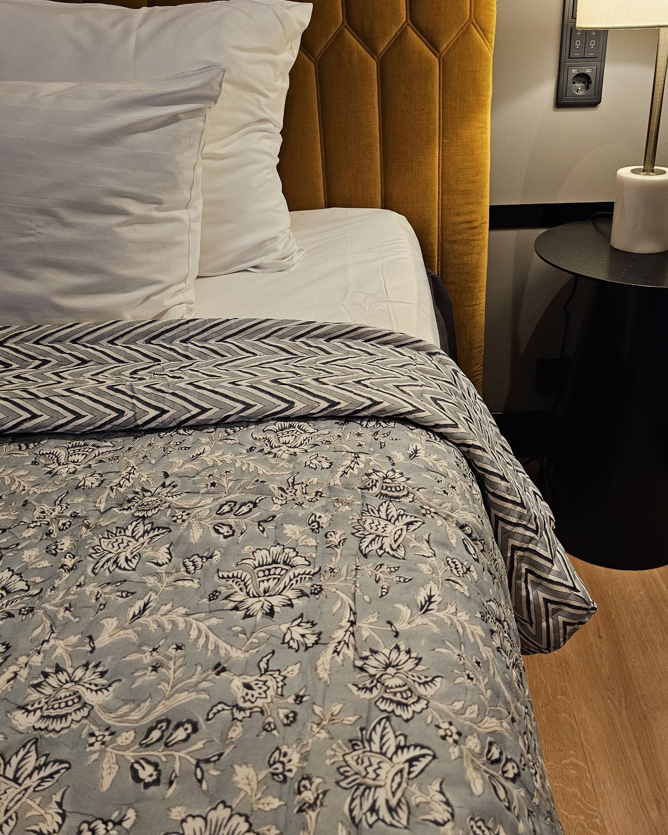 Reversible Handblock Quilt – Misty Bloom &amp; Indigo Chevro