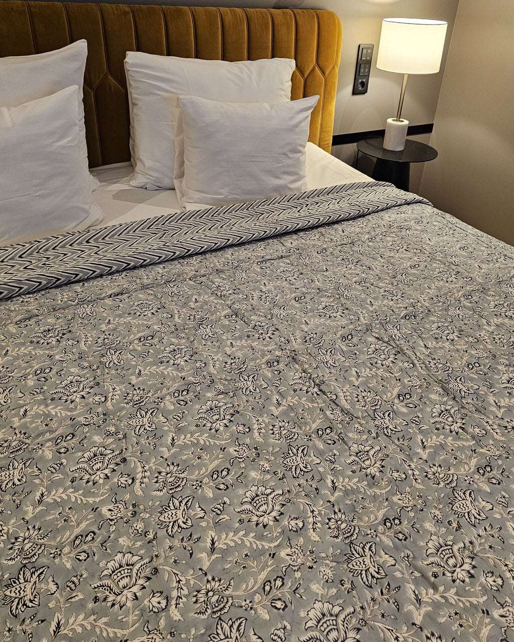 Reversible Handblock Quilt – Misty Bloom &amp; Indigo Chevro