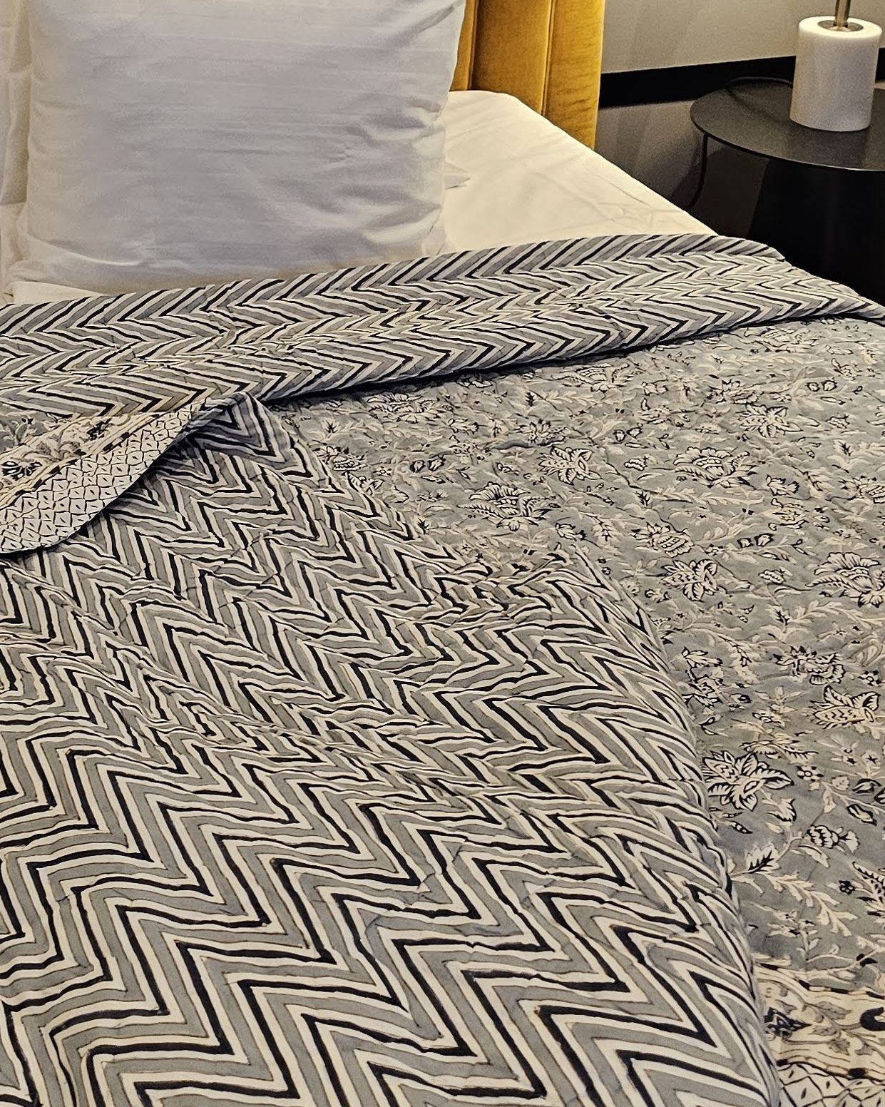 Reversible Handblock Quilt – Misty Bloom &amp; Indigo Chevro