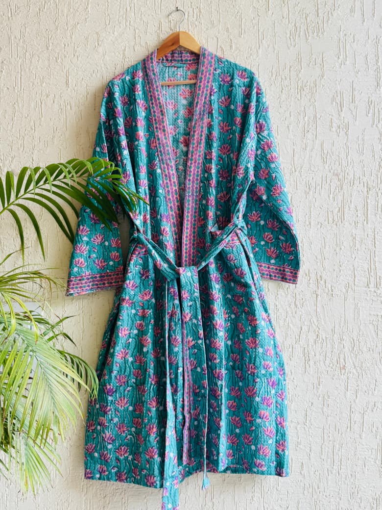 Waffel Cotton Bath Robe - Teal Lotus Trail