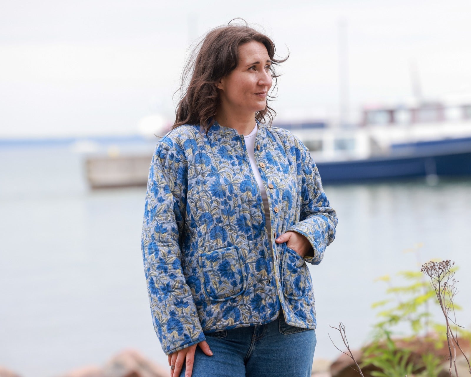 Reversible Quilted Jacket - Blue Blossom & Pistachio Motifs