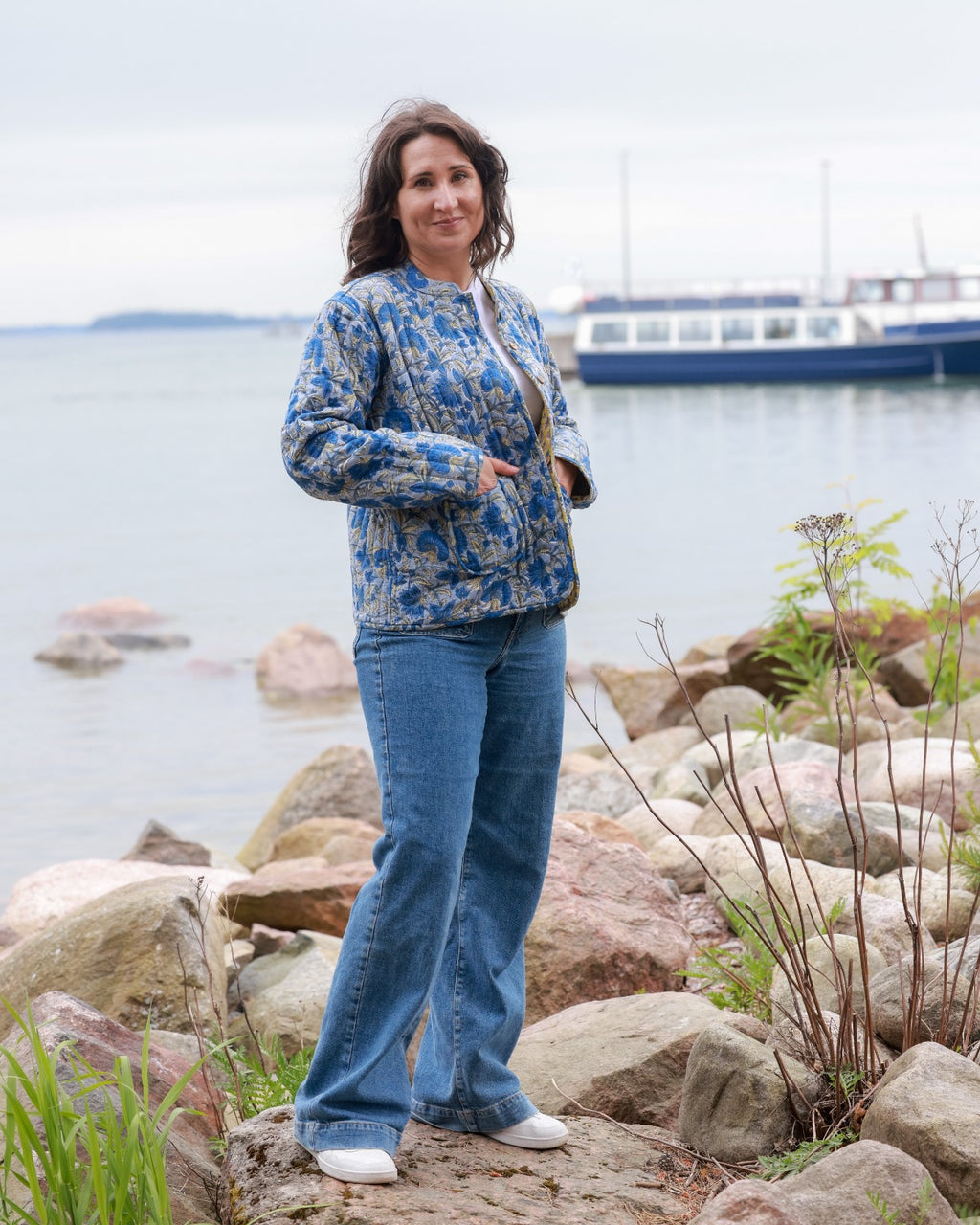 Reversible Quilted Jacket - Blue Blossom & Pistachio Motifs