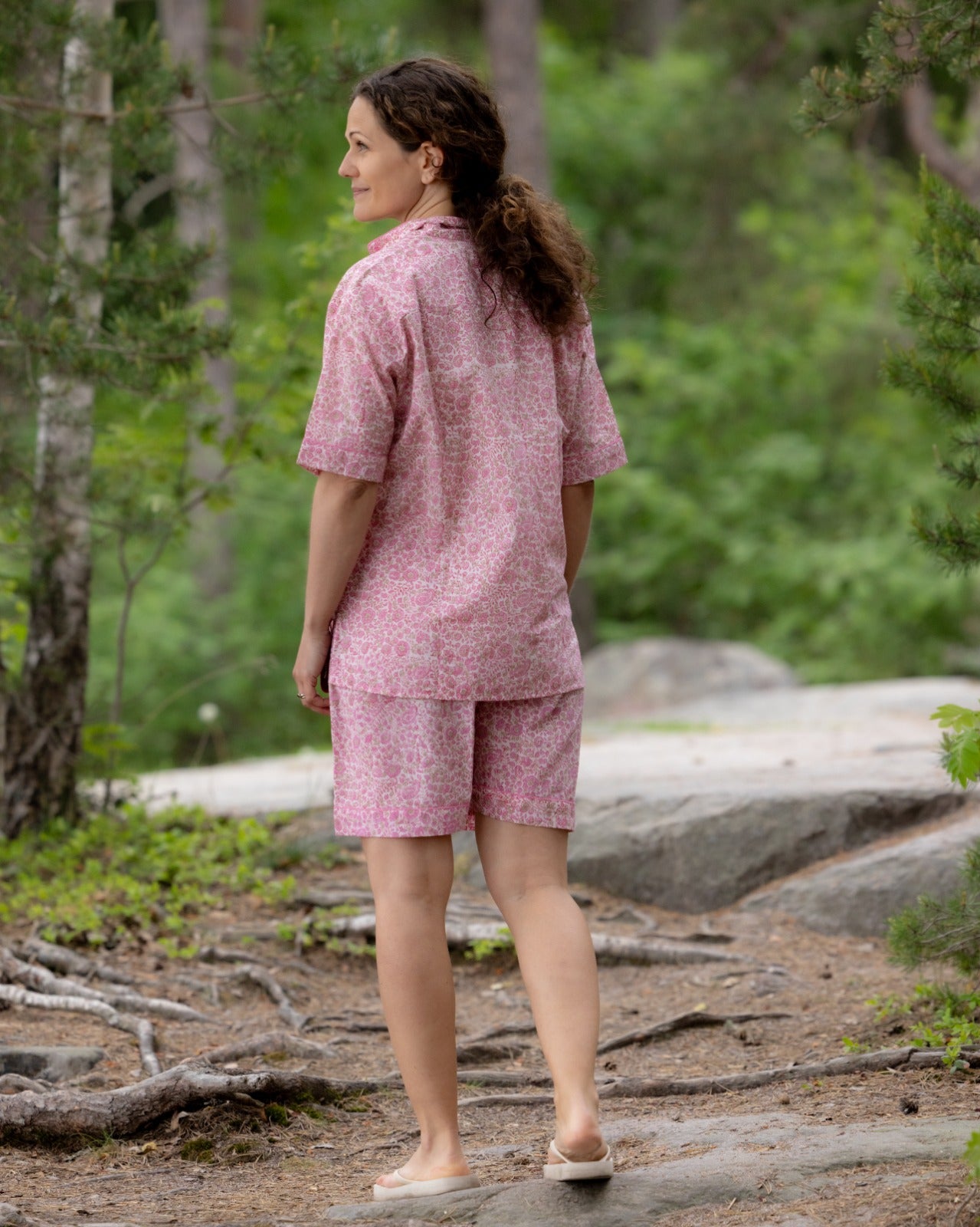Pink Wildflower Meadow – Handblock Printed Cotton Pajama Shorts Set