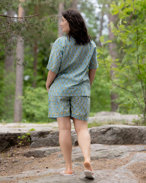 Blue Blossom & Mint Vine – Handblock Printed Cotton Pajama Shorts Set