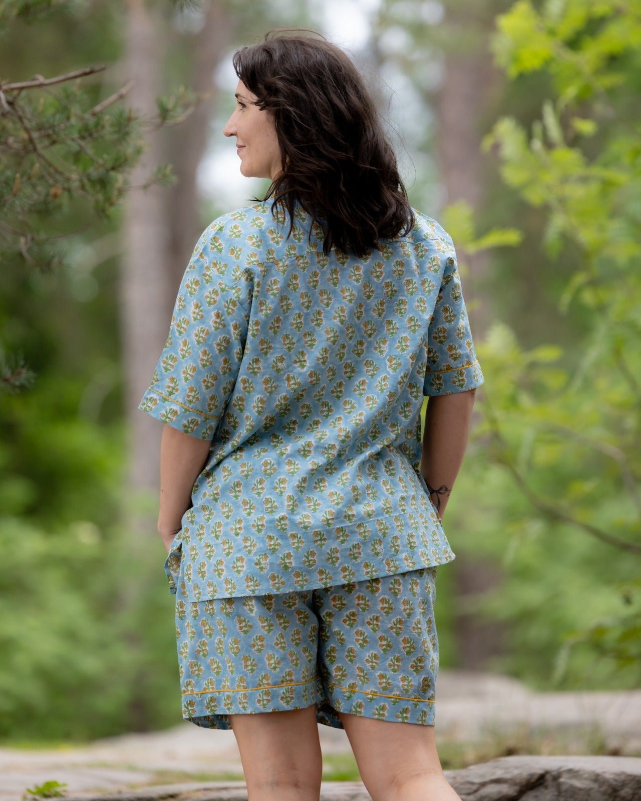 Blue Blossom & Mint Vine – Handblock Printed Cotton Pajama Shorts Set