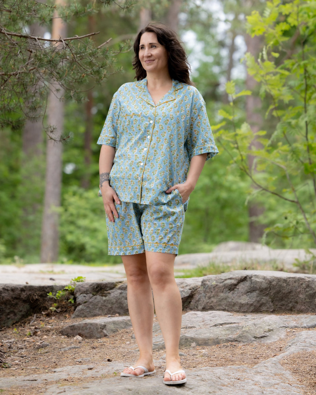 Blue Blossom & Mint Vine – Handblock Printed Cotton Pajama Shorts Set