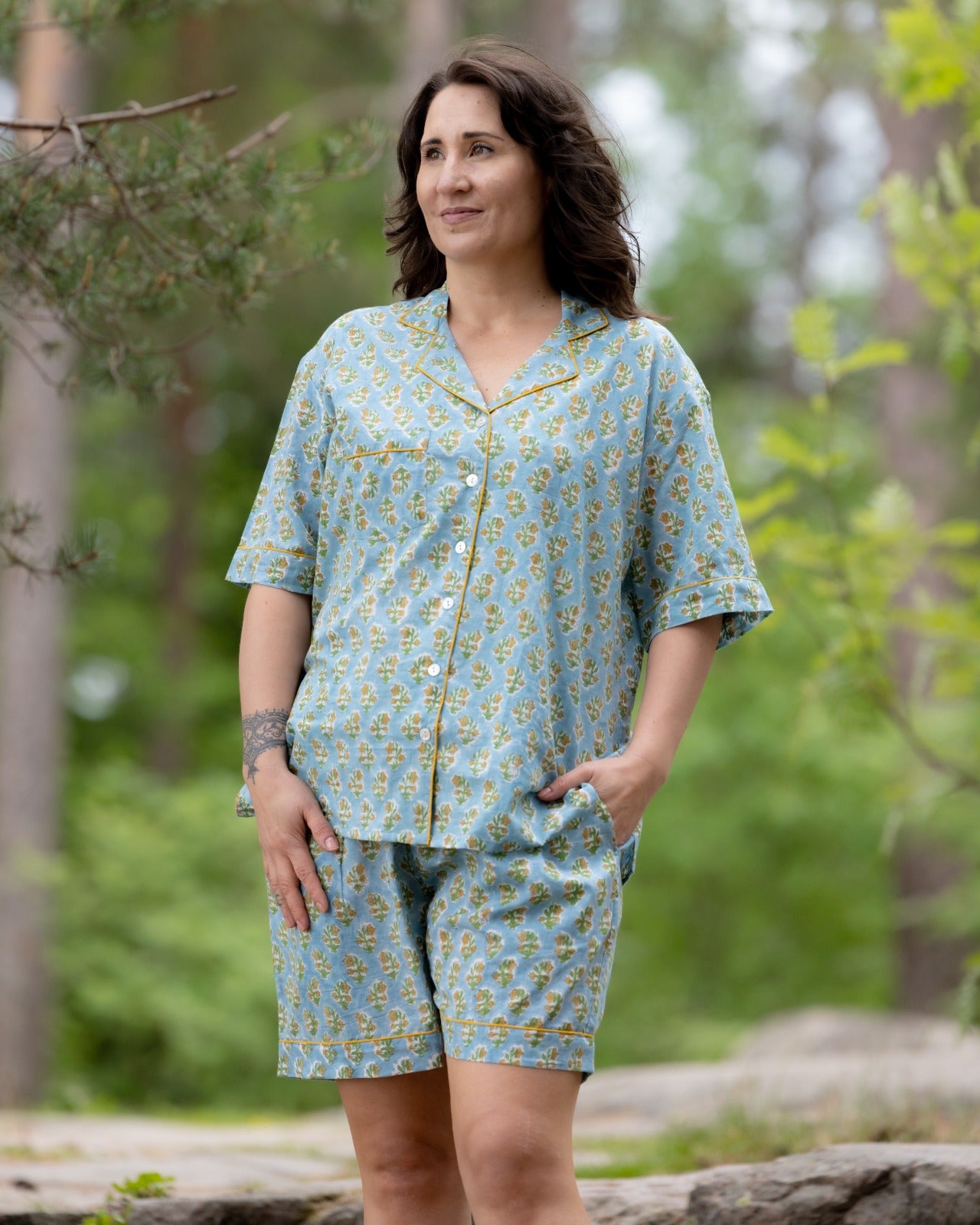 Blue Blossom & Mint Vine – Handblock Printed Cotton Pajama Shorts Set