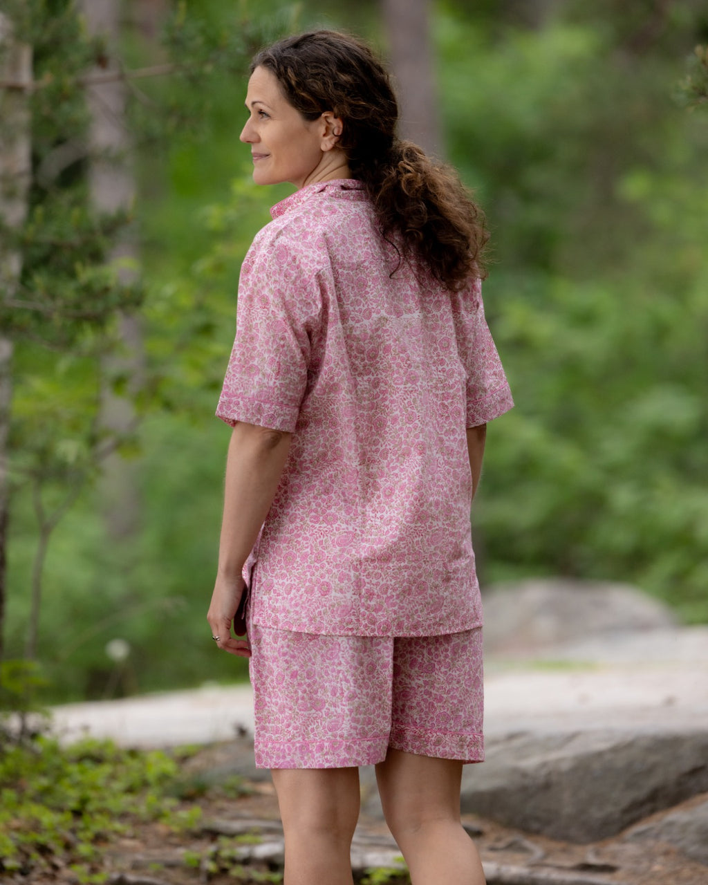 Pink Wildflower Meadow – Handblock Printed Cotton Pajama Shorts Set