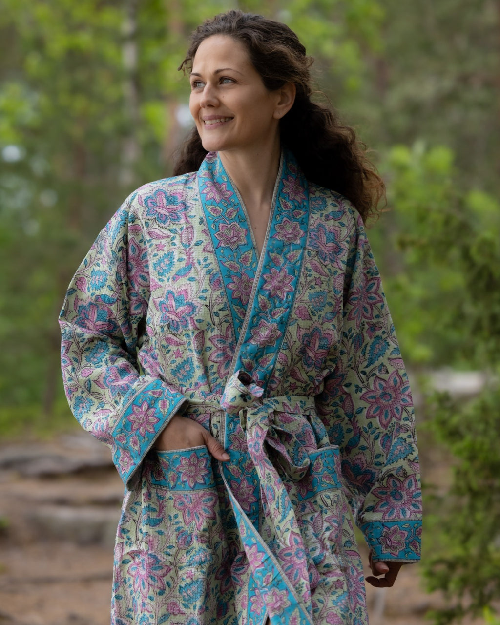 Waffel Cotton Bath Robe - Azure Bloom